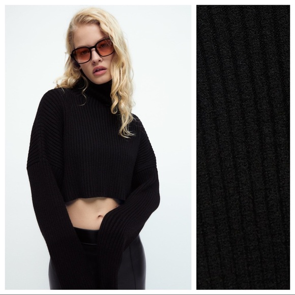NWOT Zara Black Cropped Ribbed Sweater with High Collar. Size S. - Picture 2 of 10